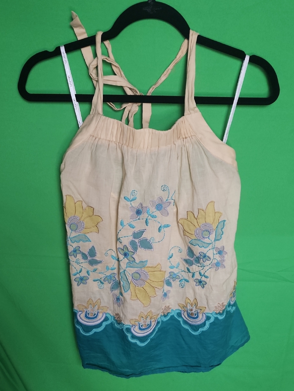 Lulumari Embroidered Floral Boho Tank Top Teal Scalloped Hem Medium